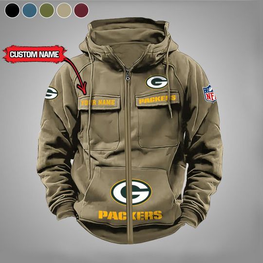 Green Bay Packers Personalized Multi-Pockets Zip-Up Hoodie
