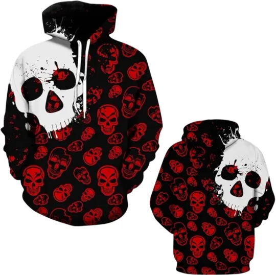 Discover Red Skull Hoodie with Black and Red Graffiti Print Unisex 3D Streetwear