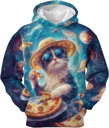 Galaxy Cat Hoodie 3D Pizza Space Cool Cat Unisex Pullover Size S-5XL