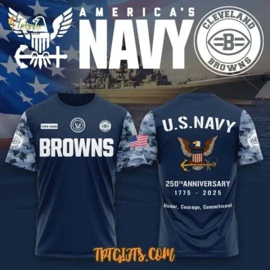 Discover Cleveland Brown x America’s Navy 250th Anniversary 1775 – 2025 Navy 3D T-Shirt