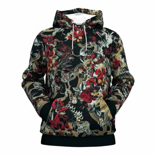 Discover Black Floral and Snake 3D All-Over Print Hoodie Unisex