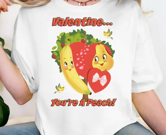 Discover Vintage Valentine Banana Pear T-Shirt | Retro Fruit Cartoon Heart