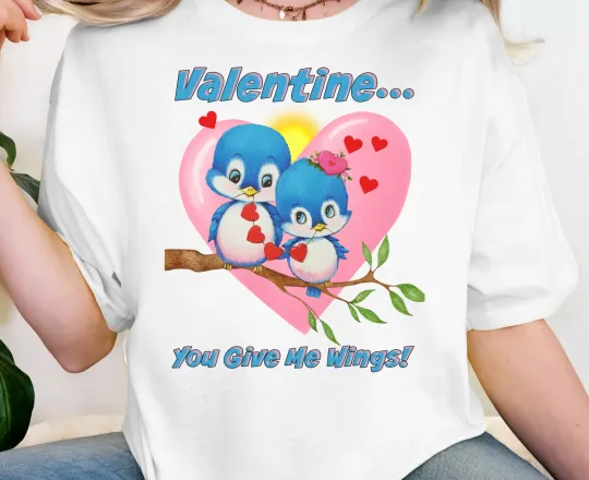 Discover Vintage Valentine Blue Birds T-Shirt | Retro Heart Birds Tee