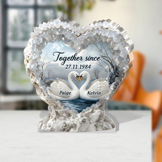 Personalized Swan Couple Acrylic Plaque: Romantic Anniversary Keepsake, Swan Heart 2D Flat Acrylic Plaque, Valentine Day Gifts