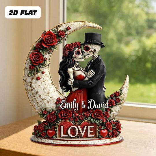 Personalized Skeleton Couple 2D Flat Acrylic Plaque, Custom Skull Couple Romantic Gothic Love Plaque, Anniversary Valentine Gift For Couples