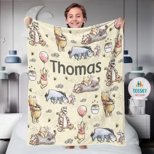 Discover Personalized Name Winnie the Pooh Blanket for Kids, Birthday Christmas Gift