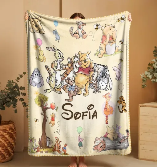 Discover Personalized Name Winnie the Pooh Blanket for Kids, Birthday Christmas Gift