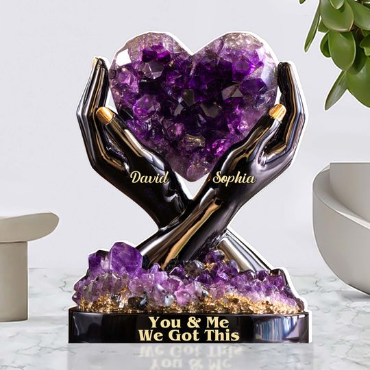 Personalized Amethyst Heart Acrylic Block, Hands Holding Crystal Design, Custom Couple Gift, Anniversary Decor, Romantic Valentine Decor