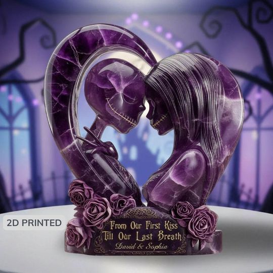 Discover Personalized Jack Sally Acrylic Plaque, Amathyst Effect Skull Couple Flat Plate Gothic Love Heart Desk Decor, Anniversary Gift ipatujak00311