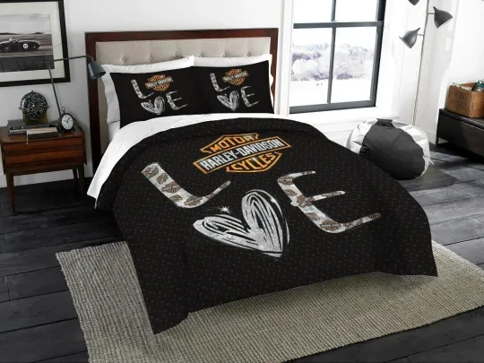 Discover Love H daviidson's Motorcycles On Black Background Duvet Cover Set