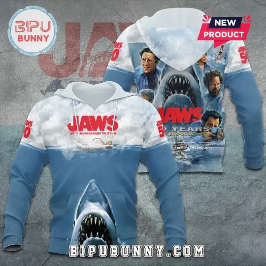 Jaws 50th Anniversary 1975-2025 3D Hoodie Jaws Shark Horror Movie
