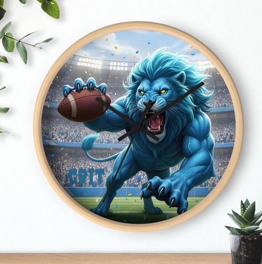 Discover Detroit "GRIT" Wall Clock | Game Time Just Got Fierce | Lions Football Home Decor