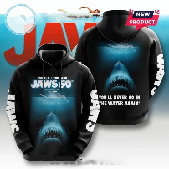 Discover Jaws 50th Anniversary 1975 - 2025 Black Hoodie Full Size S-5XL
