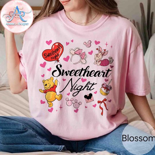 Discover Vintage Sweetheart Night Shirt, Retro Winnie The Pooh Tee, Cute Pooh Friends Valentine Shirt, Pastel Cartoon Romantic Gift