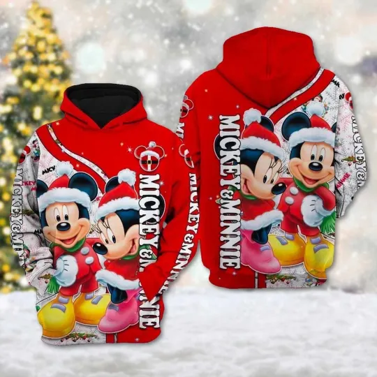 Discover Mickey And Minnie Mouse Santa Claus Christmas 2025 Hoodie 3D Printed Size S-5XL
