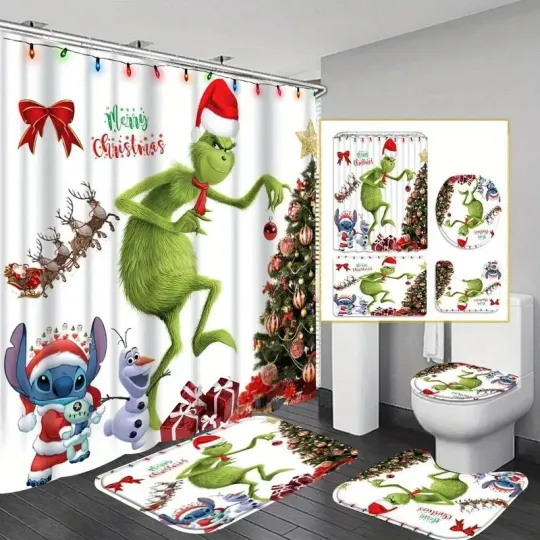 Discover Merry Christmas Stitch, funny character Cartoon Shower Curtain or Bathroom Sets