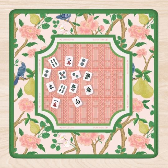 Discover Chinoiserie Mahjong Mat with Carry Bag | Large Portable Mahjong Table Cover | Pink & Green Chinoiserie Game Mat | Mahjong Gift for Women