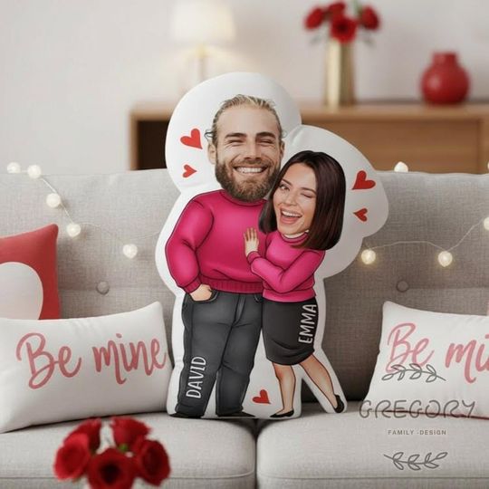 Discover Personalized Cartoon Photo Pillow, Custom Face Couple Pillow Valentine Gift, Funny Romantic Gift for Him Her, Anniversary Love Decor