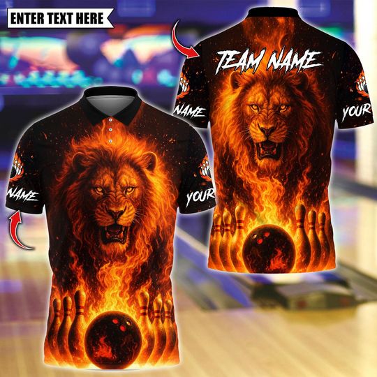 Discover Personalized Bowling Polo Shirt, Flame Lion Bowling Shirt, Bowling Polo for Men