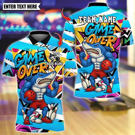 Discover Personalized Bowling Polo Shirt, Game Over Muscle Shark Bowling Shirt, Bowling Polo for Men