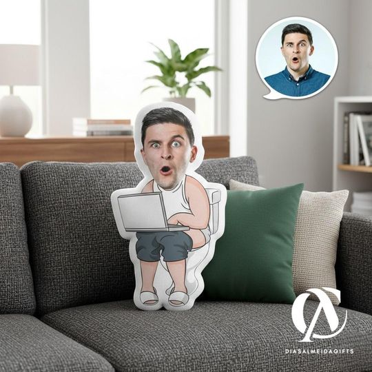 Discover Custom Photo Face Pillow  Funny Dad Minime Doll on Toilet, Personalized Face & Body Plush, Unique Gag Home Decor Gift, Valentine Gift