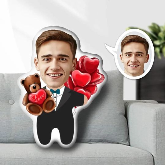 Discover Custom Photo Face Pillow, Man Heart Love Bear For Couple Pillow, Valentine's Day Gift, Face Picture Pillow Doll, Personalized Couple Gift