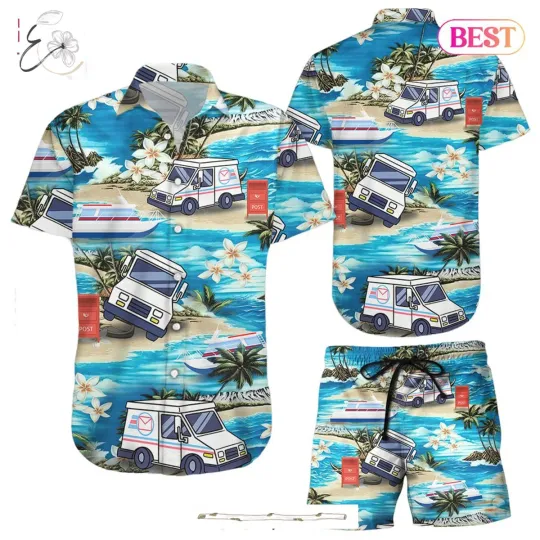 Discover Beach Hawaiian Shirt with Postal Worker Trucks, Tropical Aloha Button Down Shirt