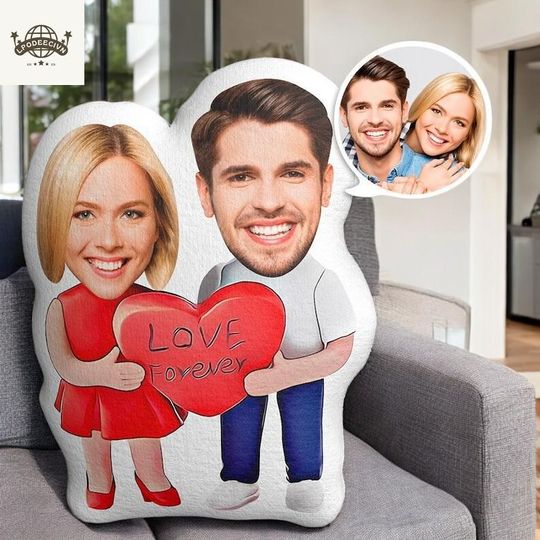 Discover Custom Q Version Couple Minime Pillow, Personalized Photo Heart Plush, Valentine Love Gift for Couples