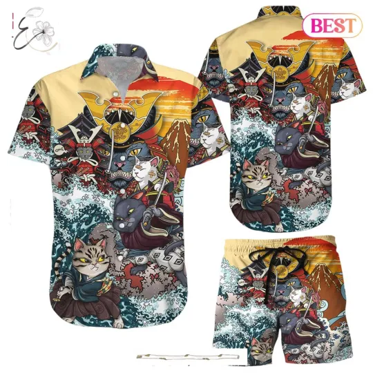 Discover Cat Themed Hawaiian Shirt with Samurai Design for Men