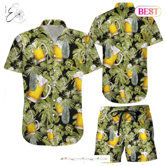 Discover Beer Hawaiian Shirt Tropical Palms Pattern Short Sleeve Button Down for Summer Holidays
