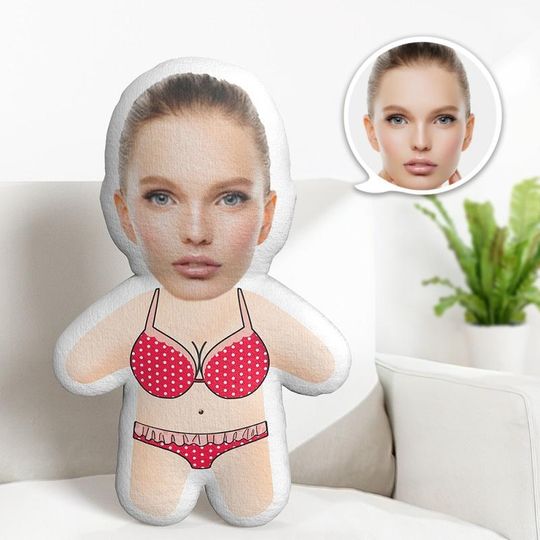 Cute Bikini Teddy Minime Pillow, Personalized Face Photo Doll, Funny Gift For Couple, Friends Or Girlfriend, Custom For Valentines Day