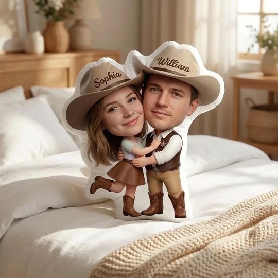 Discover Custom Plush Couple Pillow: Photo Face, Cartoon Western Outfit, Decorative Hugging Design