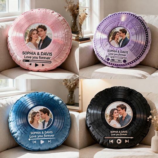 Discover Custom Couple Portrait Print Vinyl Record Custom Shape Pillow, Valentines Day Gift, Gift For Husband Wife Boyfriend Girlfriend Gift