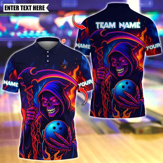 Discover Custom Bowling Polo Shirt, Grim Reaper Neon Flame Bowling Polo for Men