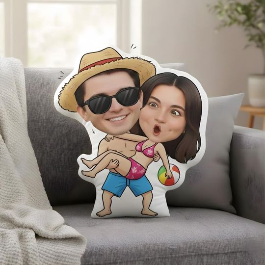 Discover Custom Face Pillow Personalized Beach Couple Gift Funny Summer Vacation Photo Pillow Custom Caricature Body Doll Unique Anniversary Present