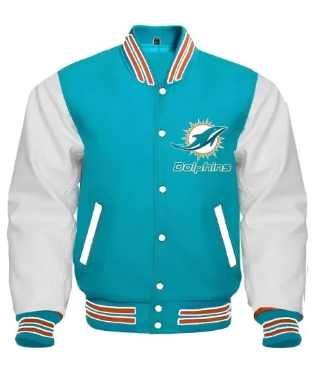 Discover Men's Dolphins Turquoise Wool Baseball Jacket with White Sleeves