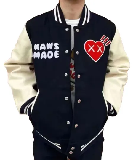 Discover Human Made Kaws Black Wool Letterman Varsity Jacket with Leather Sleeves