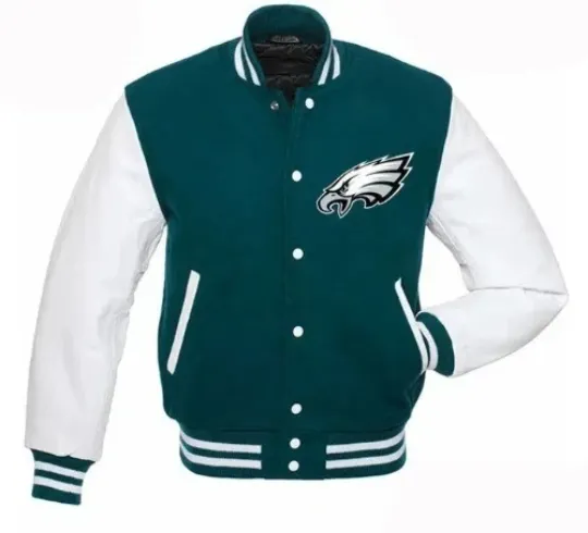 Discover Men's Eagles Green Body & White Leather Sleeves Varsity Jacket
