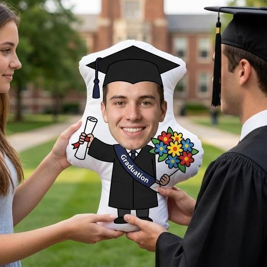 Discover Personalization Plush Pillow: Custom Face Graduate with Cap, Diploma, and Flowers