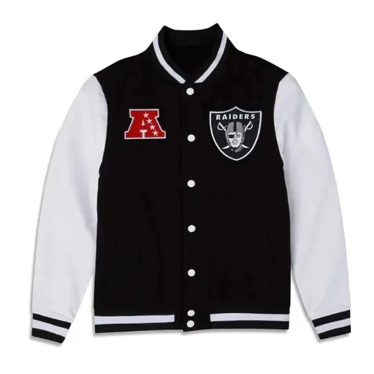 Discover Men's LV Raiders Black and White Varsity Bomber Jacket