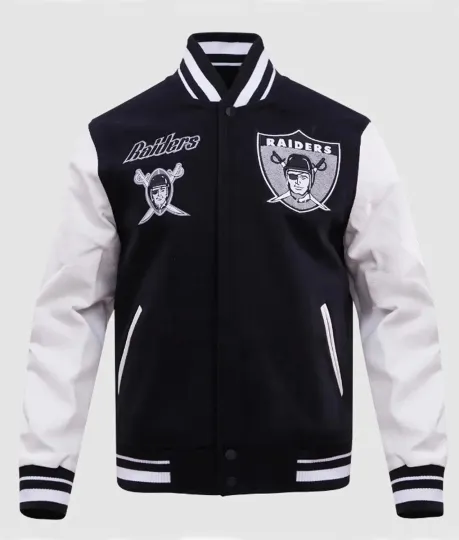 Discover Men's LV Raiders Black and White Varsity Bomber Jacket