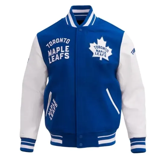 Discover Men's Toronto Maple Leaf Blue Body and White Sleeve Bomber Jacket