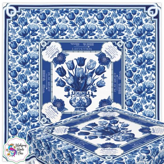 Discover Mahjong Tablecloth, Blue Toile Chinoiserie Charleston Rules Table Cover, Game Night Decor, Mahjong Game Cloth, Trendy Mahjong Accessories