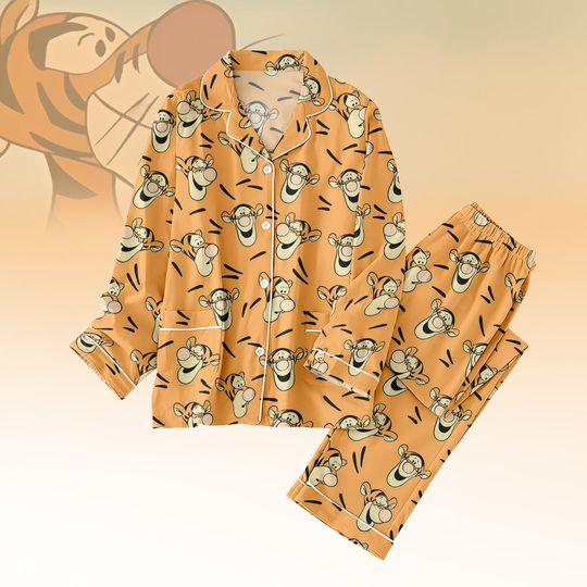 Tigger Cartoon Pajamas Set, Cute Orange Tiger PJs, Cozy Sleepwear for Women and Men