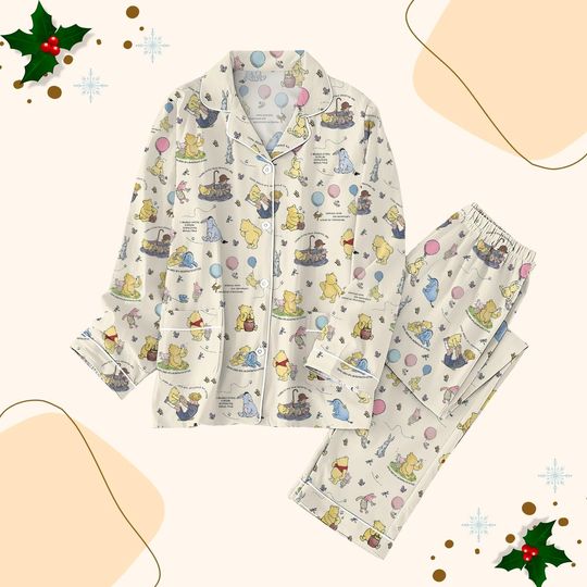 Discover Retro Winnie Pooh Pajamas Set, Pooh Eeyore Tigger Women Pajamas, Disney Vacation Christmas Pajamas, Cute Cartoon Characters Sleepwear