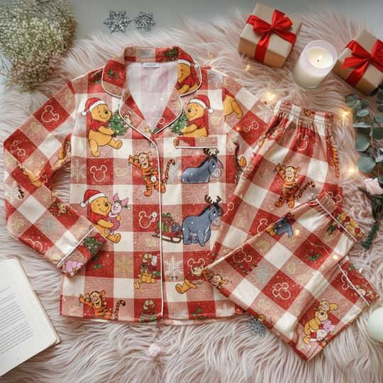 Discover Winnie The Pooh Christmas Pajamas Set, Red Plaid Silk Sleepwear, Tigger Eeyore Holiday Satin PJs, Button Down Nightwear