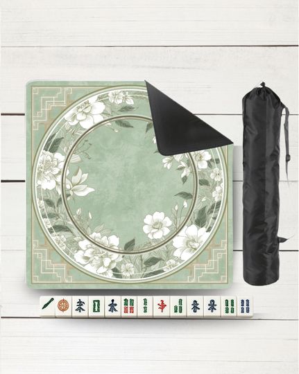 Discover Pastel Green Mahjong Mat Rolled up - Chinese Lotus Effect Design- Smooth Non-Slip Play Game Board Surface Mats Gifts for