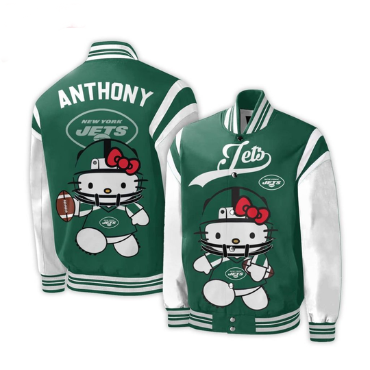 Discover Personalized football New York Jets Special Hello Kitty Design Baseball Jacket For Fans