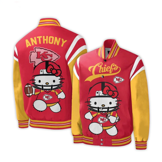 Personalized football Kansas City Chiefs Special Hello Kitty Design Baseball Jacket For Fans