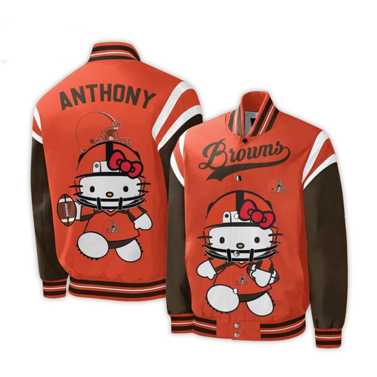 Personalized football Cleveland Browns Special Hello Kitty Design Baseball Jacket For Fans